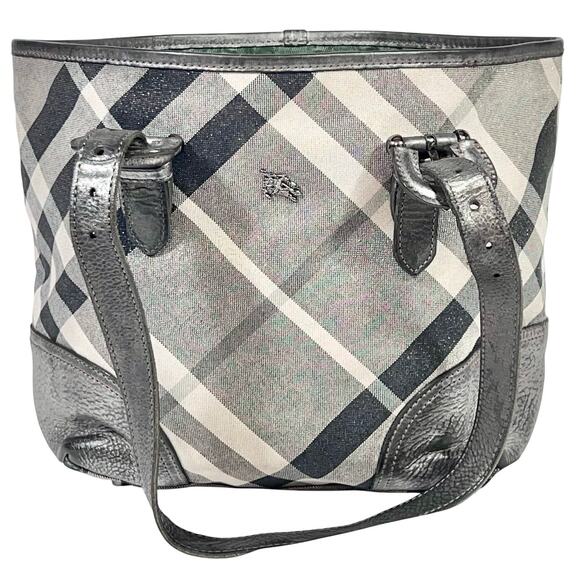 Burberry Super Nova Shimmer Check Tote Bag Canvas Leather Trim Open Top Pockets - Picture 1 of 16